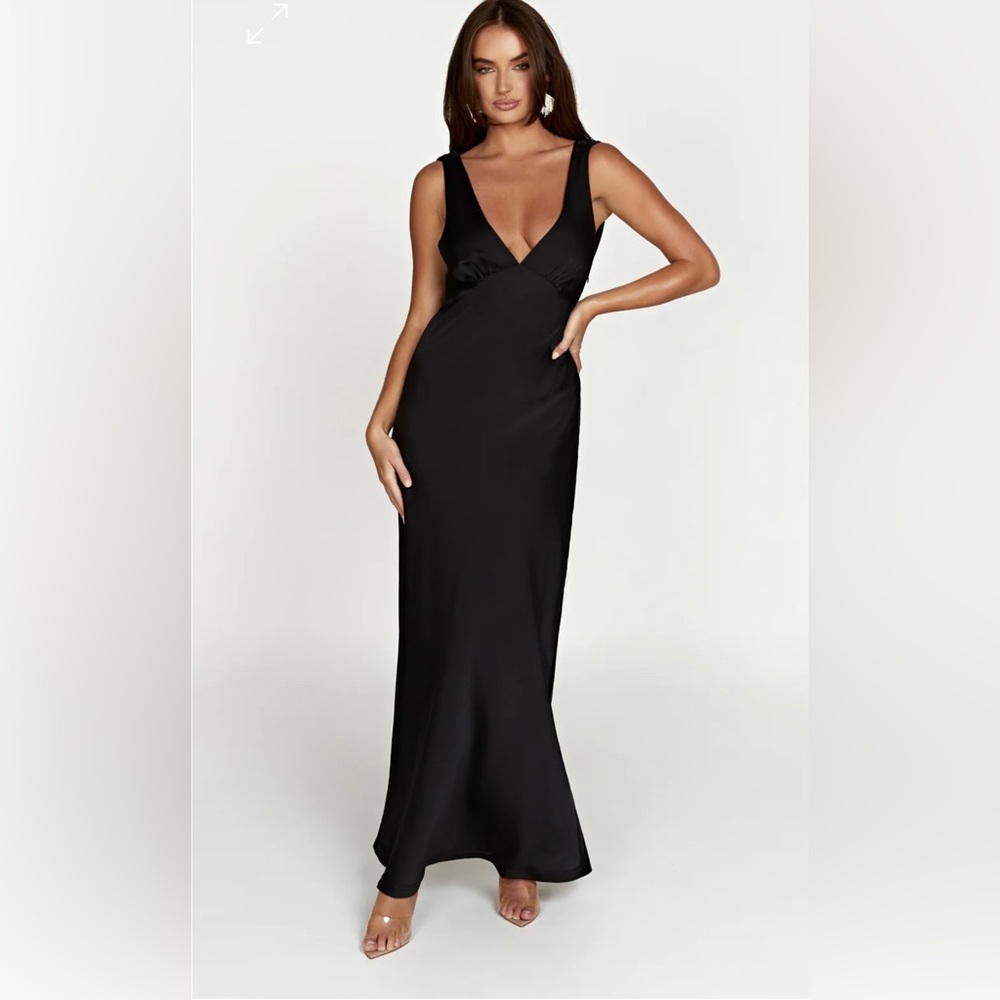Meshki “Nadia Maxi Satin Dress with Back Cowl” dress in black, size small.